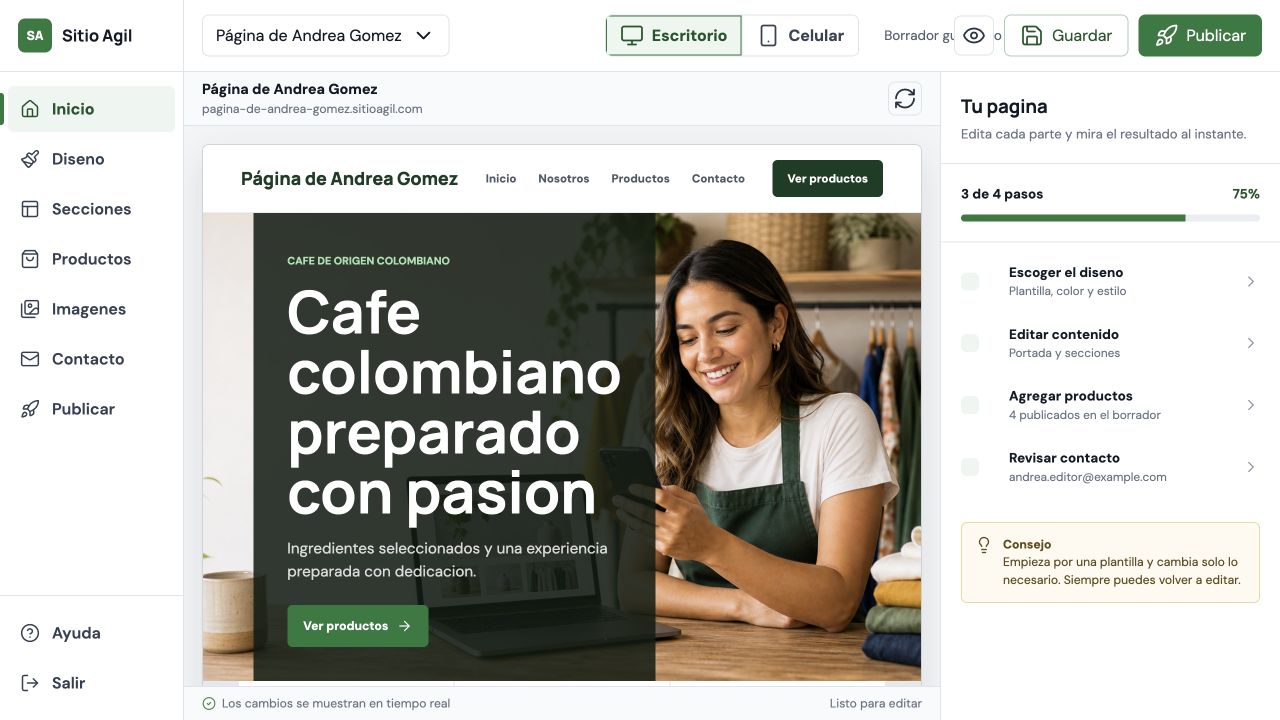 Editor visual de Sitio Ágil mostrando una página para un negocio colombiano