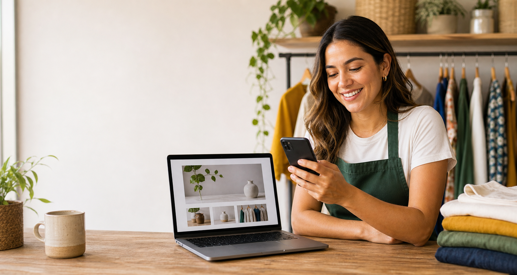 Dueña de negocio usando celular junto a un computador con una página web